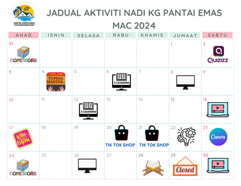 Pink Green White Simple Modern March 2024 Monthly Calendar 1